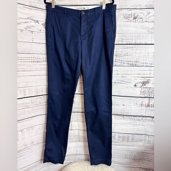 Lacoste pants Mens size 34 chino Slim Fit Navy Blue Cotton Straight Stretch - Picture 2 of 11